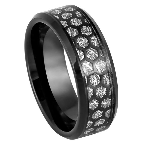 8MM DOME BLACK IP WITH HONEYCOMB TUNGSTEN RING - Picture 1 of 3